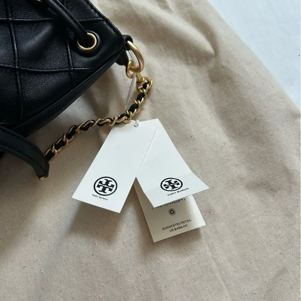 Tory Burch Fleming Black Quilted Soft Leather Bucket Bag NWT